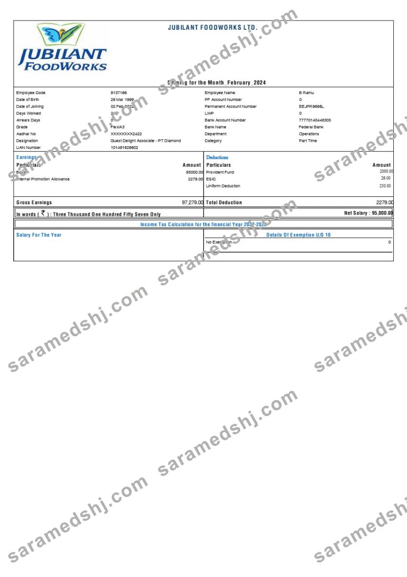 Jubilant FoodWorks payslip template in Word and PDF formats.pdf, 1